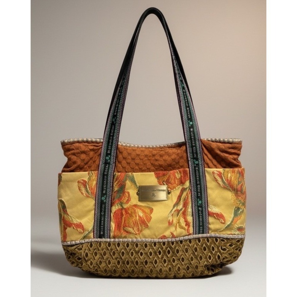 Mackenzie-Childs Large Fabric Tote Floral Print Quilted Brown Carryall Bag Rare